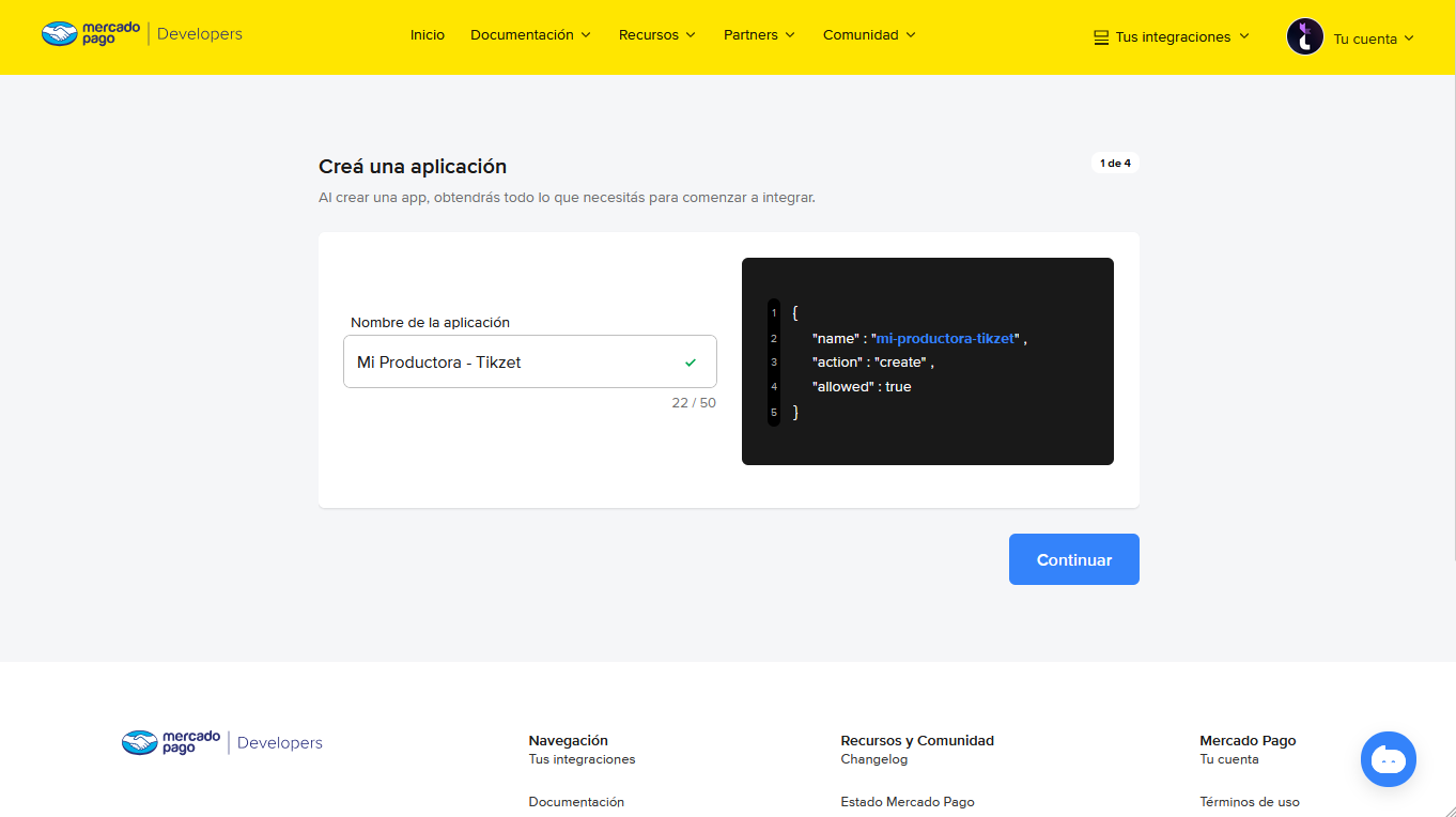 Crear aplicación en Mercado Pago - Paso 2