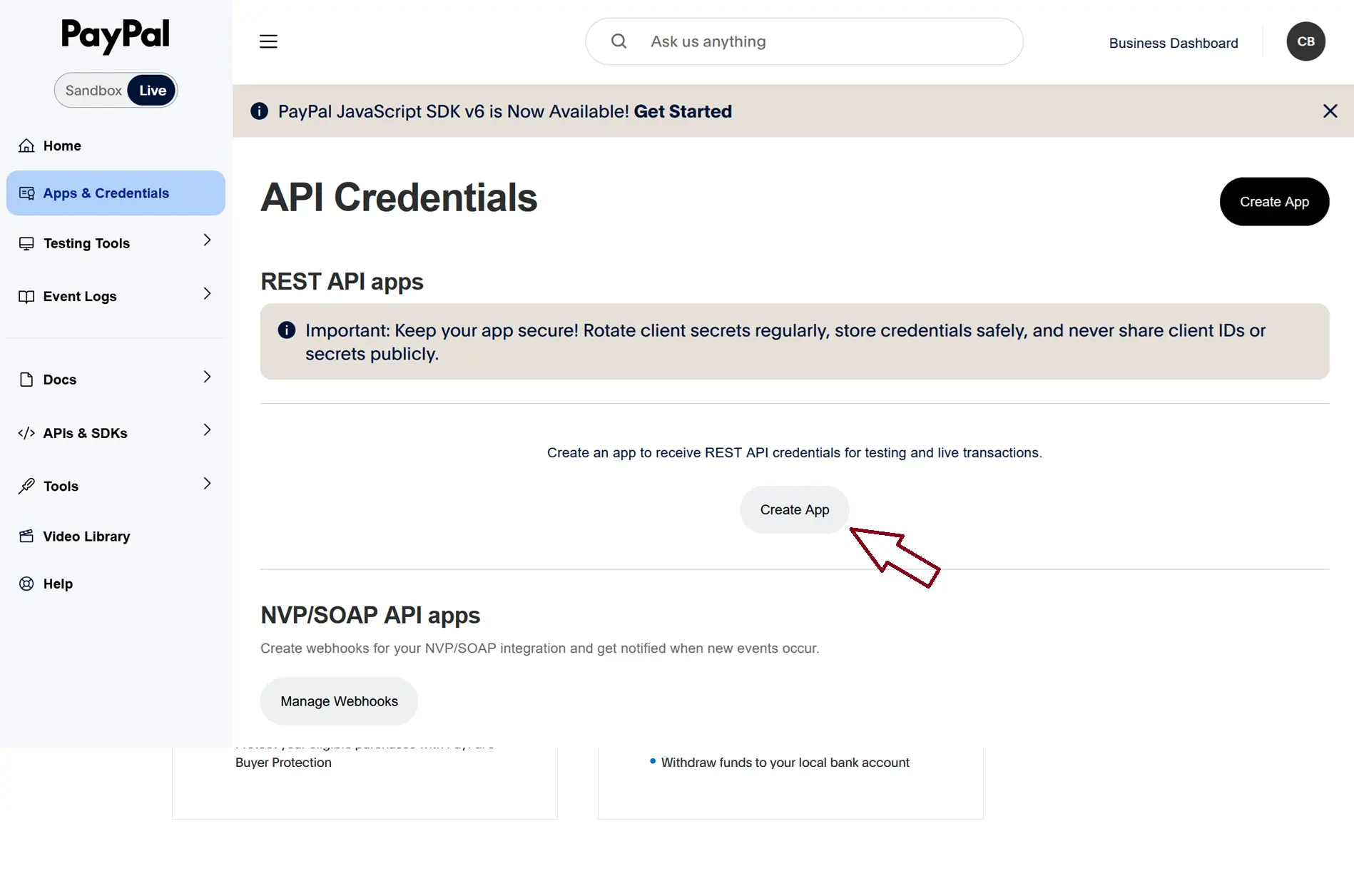 Crear aplicación en PayPal