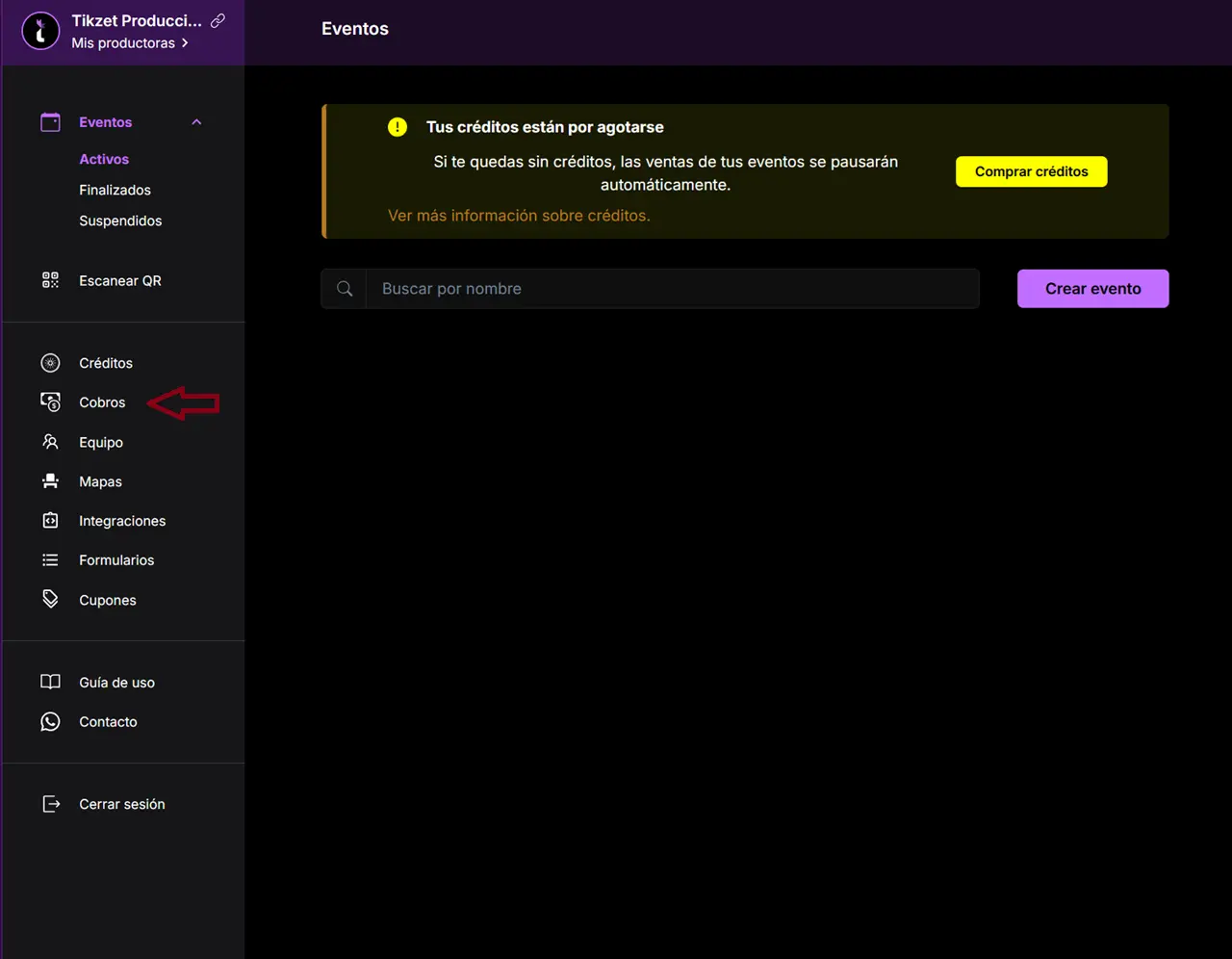 Menú de cobros en Tikzet