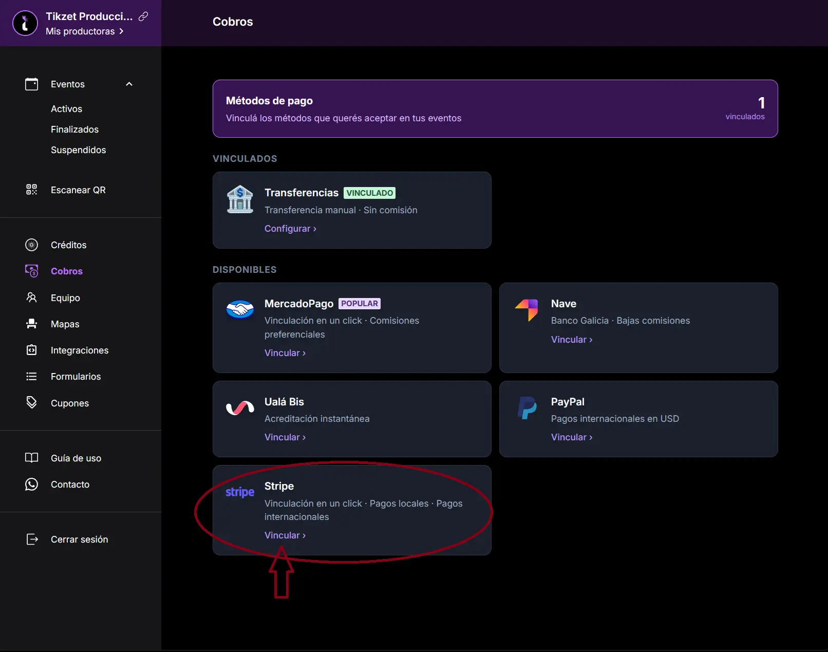 Seleccionar Stripe en Tikzet